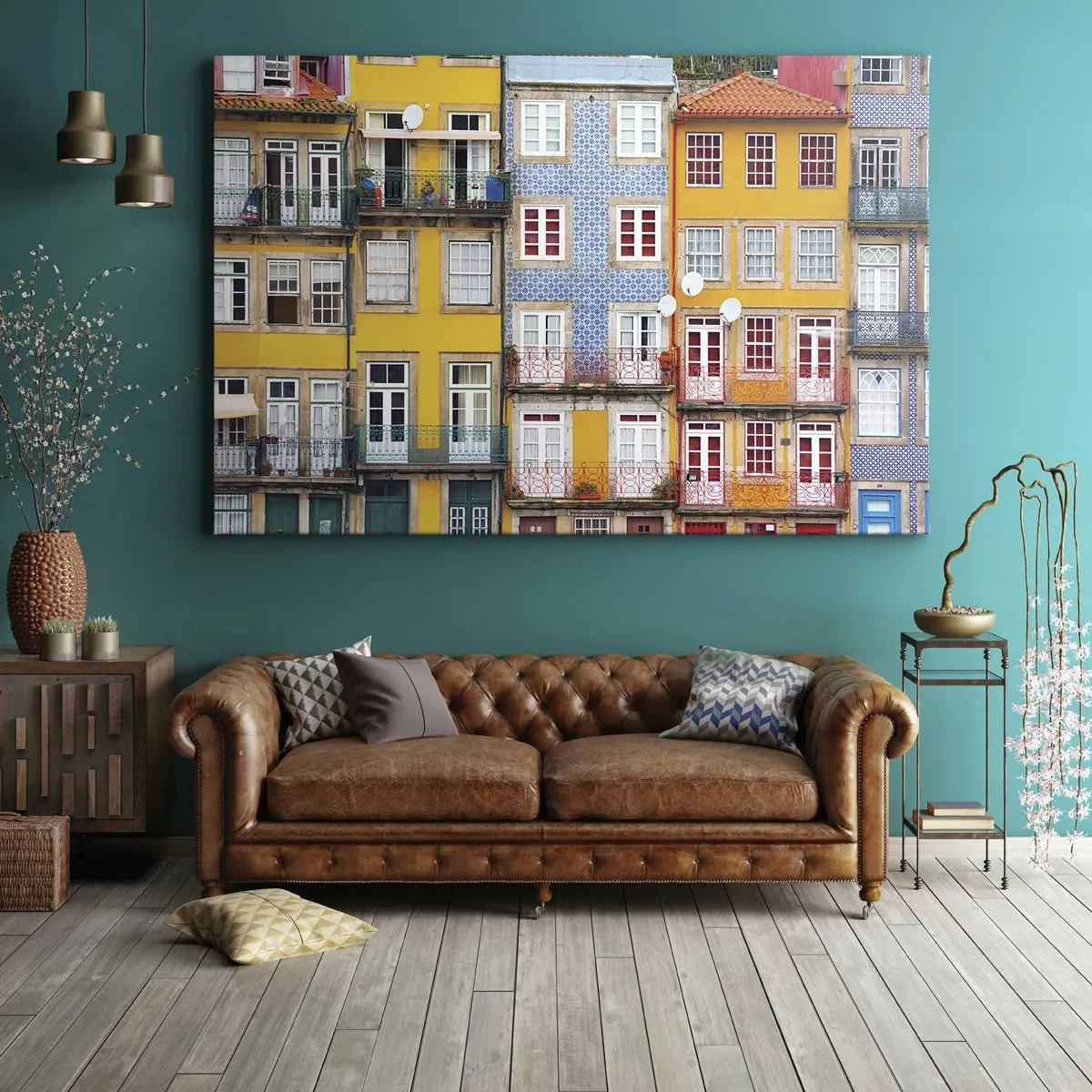 Tablou pe pânză Canvas - Fațade colorate ale caselor de locuit în peisajul urban - 70x50cm - Culorile orașului vechi - Decorațiune modernă pentru perete pentru living și dormitor ARTTOR