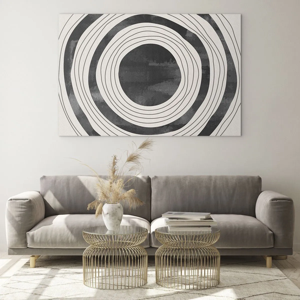 Tablou pe sticlă - Cercuri concentrice alb-negru cu contururi neregulate - 70x50cm - Direct la subiect - Decorațiune modernă pentru perete pentru living și dormitor ARTTOR
