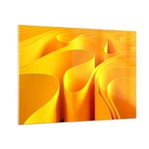 Tablou pe sticlă - Valuri abstracte în nuanțe de auriu și portocaliu - 70x50cm - Ca niște valuri de soare - Decorațiune modernă pentru perete pentru living și dormitor ARTTOR