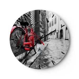 Ceas de perete - Ceas pe sticlă - O bicicletă roșie pe o stradă albă și neagră - 30x30cm - Adevărata frumusețe nu îmbătrânește - Decorațiune modernă pentru perete pentru living, bucătărie și dormitor ARTTOR