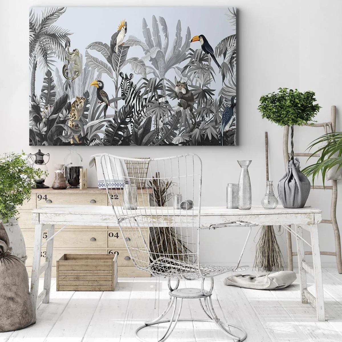 Tablou pe pânză Canvas - Junglă tropicală cu animale exotice pe fundal gri - 70x50cm - O fabulă africană - Decorațiune modernă pentru perete pentru living și dormitor ARTTOR