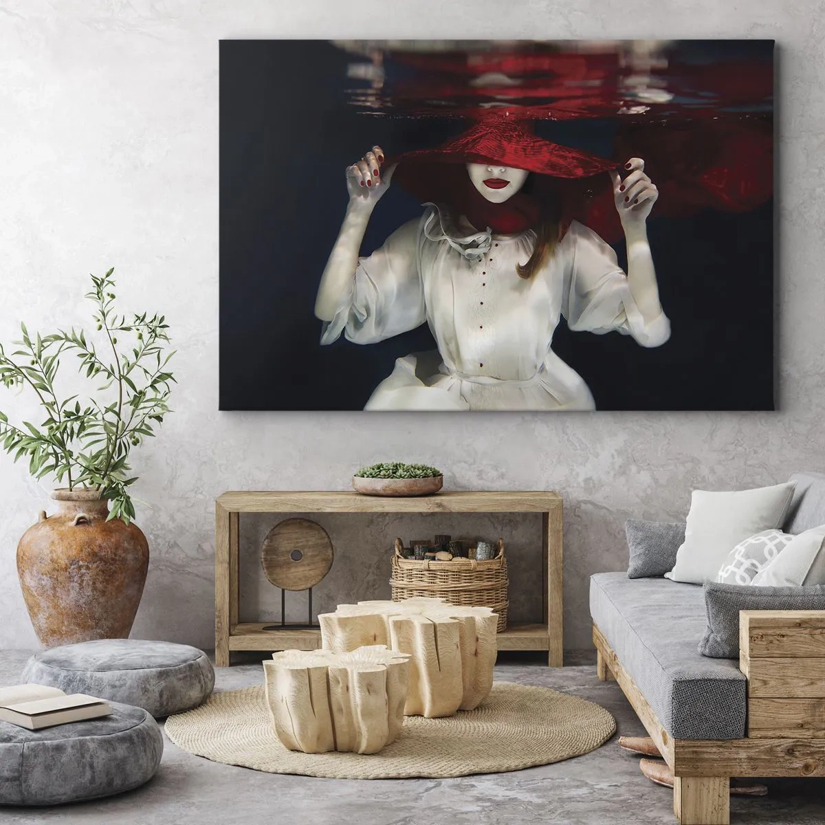 Tablou pe pânză Canvas - O femeie cu o pălărie roșie cufundată în apă - 70x50cm - Frumoasa fantomă - Decorațiune modernă pentru perete pentru living și dormitor ARTTOR