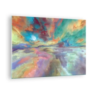 Tablou pe sticlă - Nori colorați reflectați în apa de la orizont - 70x50cm - Două ceruri - Decorațiune modernă pentru perete pentru living și dormitor ARTTOR