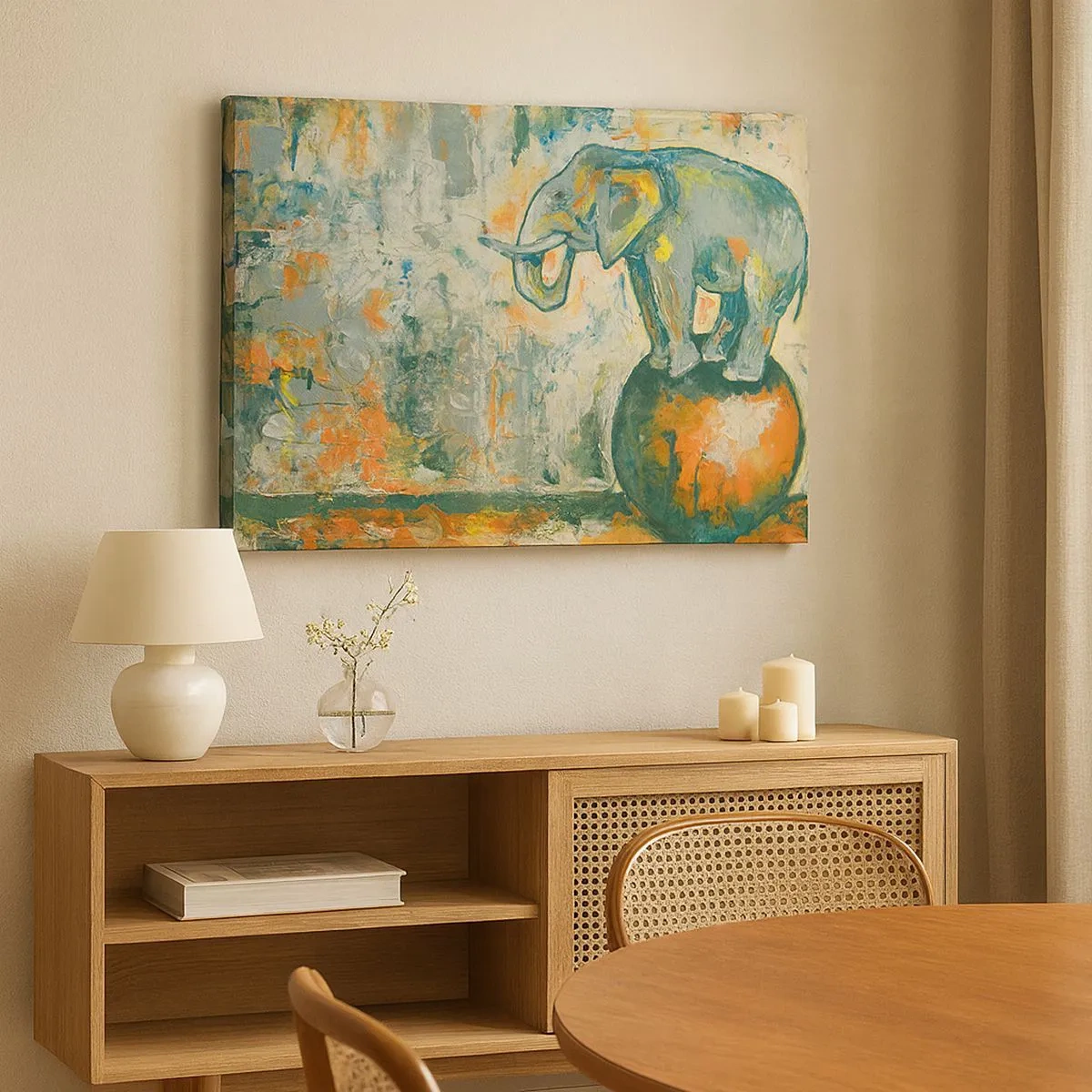 Tablou pe pânză Canvas - Un elefant care se echilibrează pe o minge într-un stil artistic - 70x50cm - Trăiască circul! - Decorațiune modernă pentru perete pentru living și dormitor ARTTOR