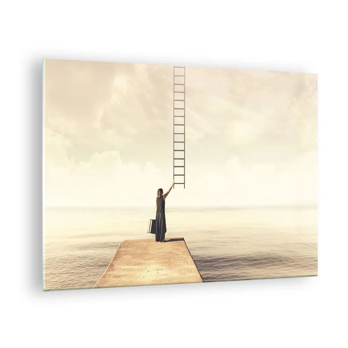 Tablou pe sticlă - Femeie pe un dig cu o scară care duce spre rai - 70x50cm - O călătorie conceptuală - Decorațiune modernă pentru perete pentru living și dormitor ARTTOR