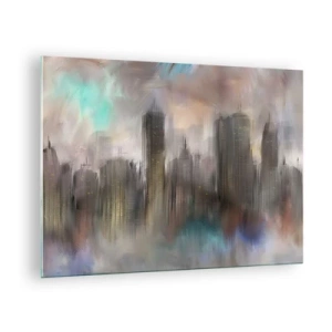 Tablou pe sticlă - Imagine abstractă a unui oraș cu zgârie-nori - 70x50cm - O compoziție de oțel, piatră și ceață - Decorațiune modernă pentru perete pentru living și dormitor ARTTOR