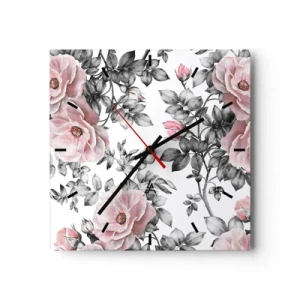 Ceas de perete - Ceas pe sticlă - Pierde-te în florile de trandafir - 30x30 cm