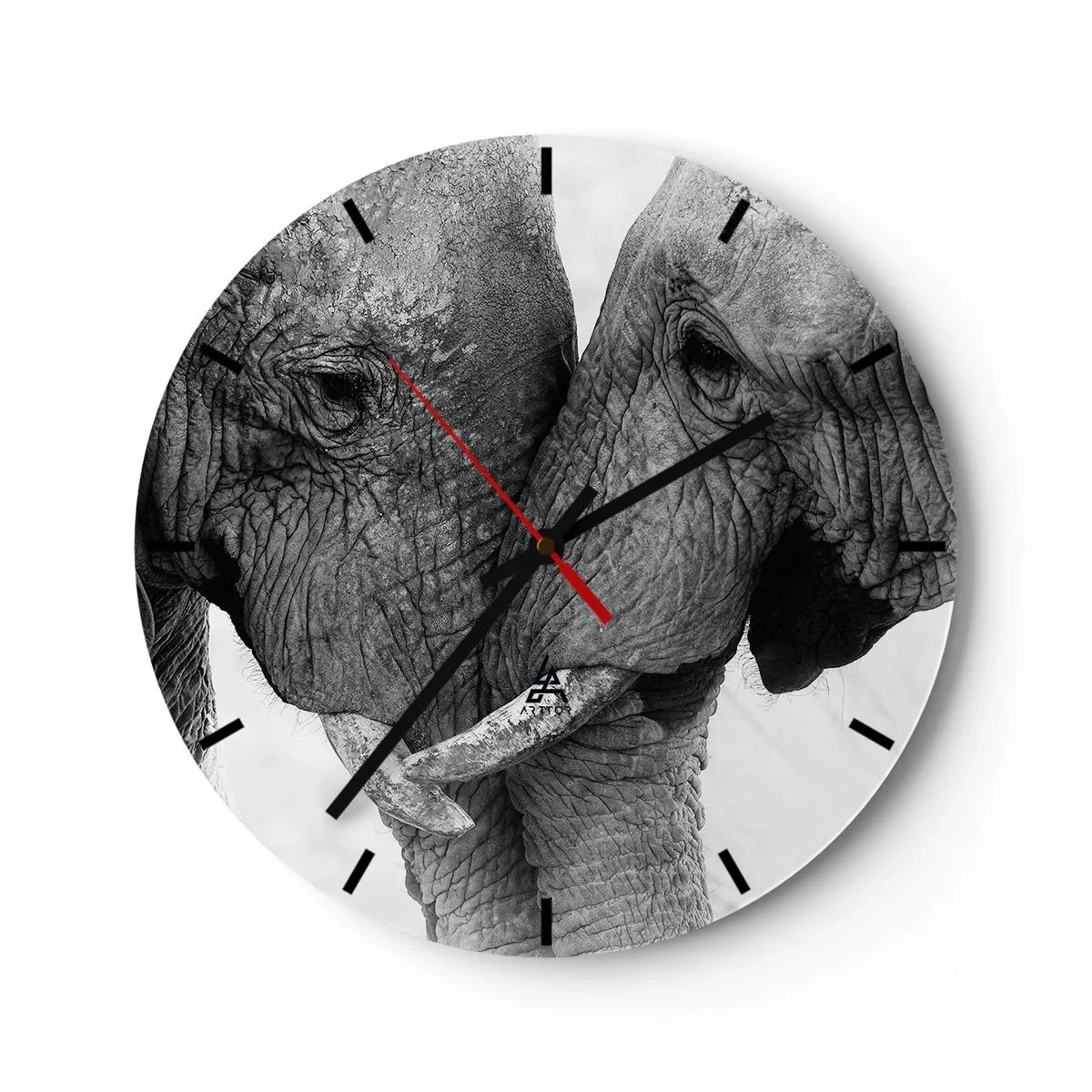 Ceas de perete - Ceas pe sticlă - Doi elefanți cu trompele împletite într-un gest tandru - 30x30cm - Mărturisire din inimă - Decorațiune modernă pentru perete pentru living, bucătărie și dormitor ARTTOR