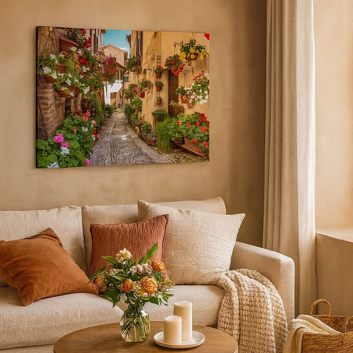 Tablou pe pânză Canvas - O stradă fermecătoare plină de flori și ghivece - 70x50cm - Străduță italiană - Decorațiune modernă pentru perete pentru living și dormitor ARTTOR