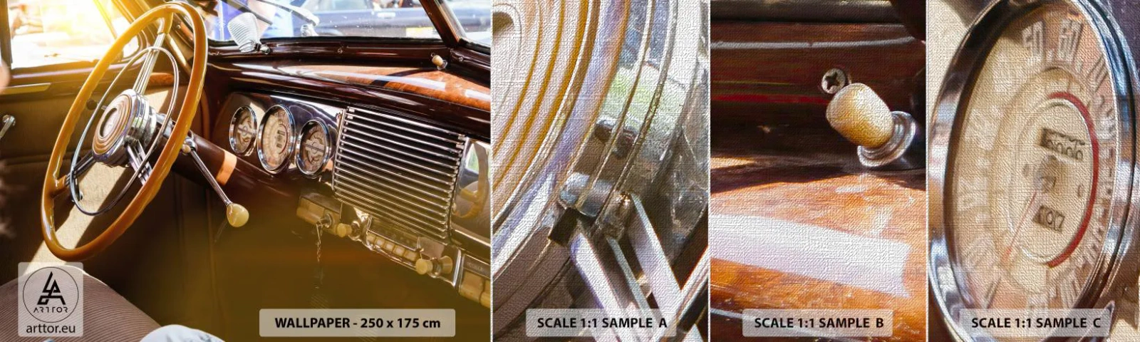 Mostră tapet Premium Canvas - O adiere de lux din trecut - Mașină de epocă, Automobile, Bord - 100x30 cm