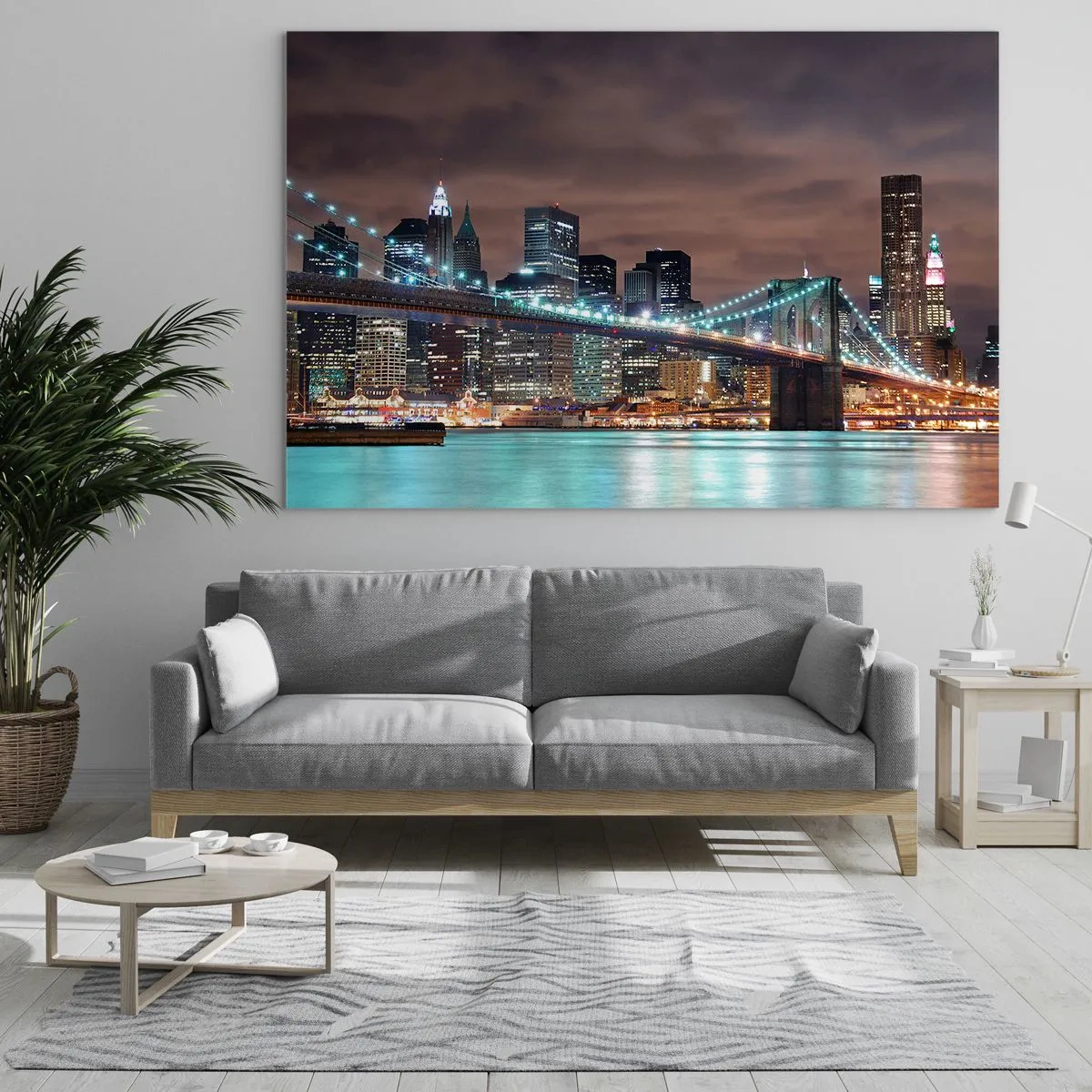 Tablou pe sticlă - Panoramă nocturnă a orașului cu podul iluminat - 70x50cm - Luminile marelui oraș - Decorațiune modernă pentru perete pentru living și dormitor ARTTOR