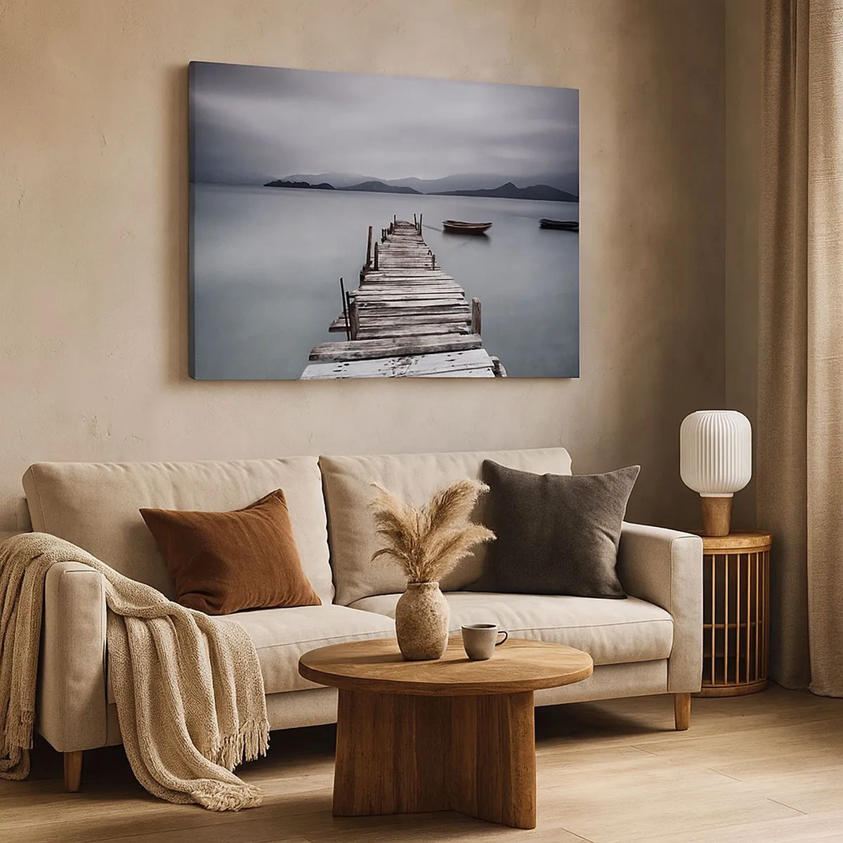 Tablou pe pânză Canvas - Un pod de lemn care duce la suprafața calmă a lacului - 70x50cm - Poți pleca mâine - Decorațiune modernă pentru perete pentru living și dormitor ARTTOR