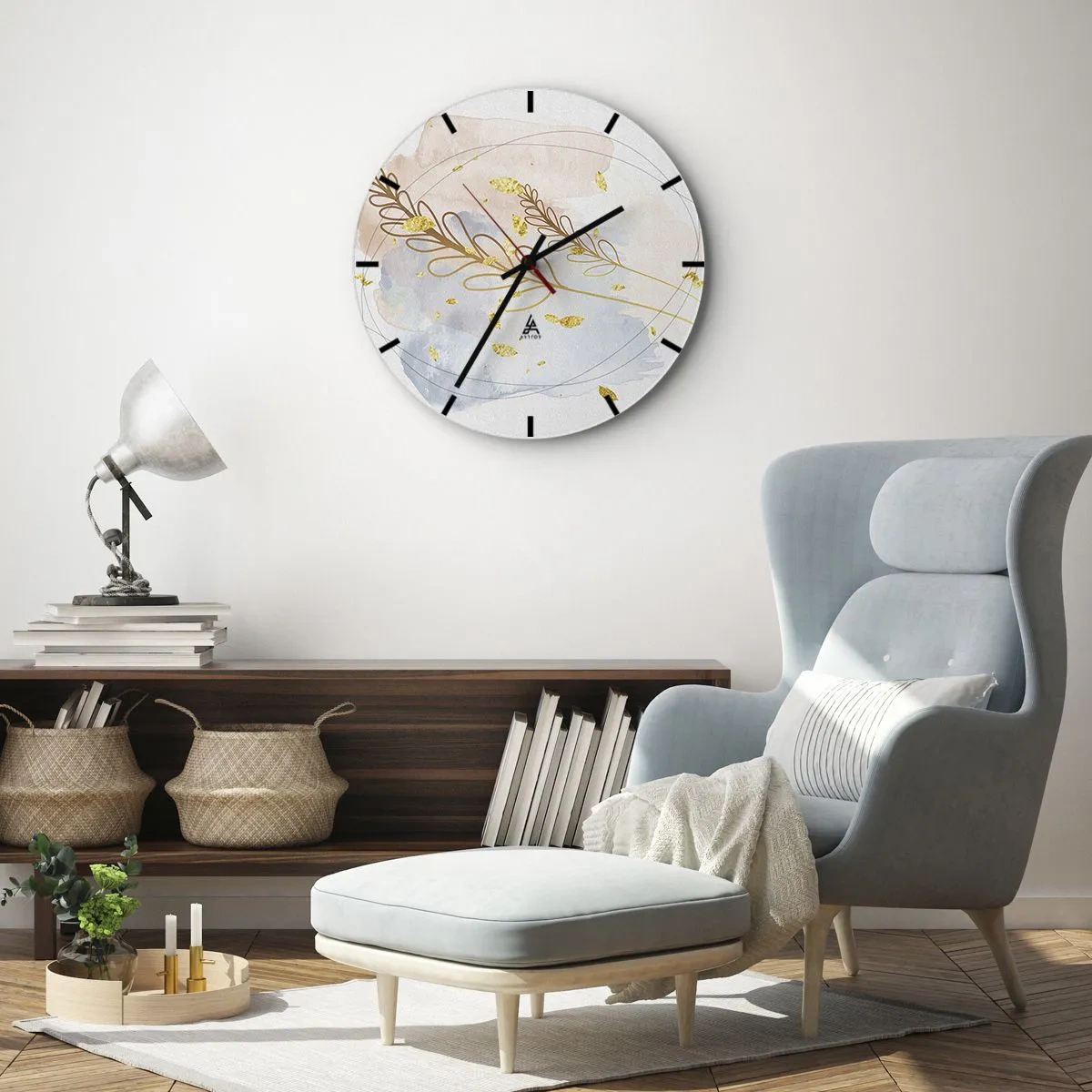 Ceas de perete - Ceas pe sticlă - Un motiv floral delicat cu accente aurii în acuarelă - 30x30cm - Suflul de aur - Decorațiune modernă pentru perete pentru living, bucătărie și dormitor ARTTOR
