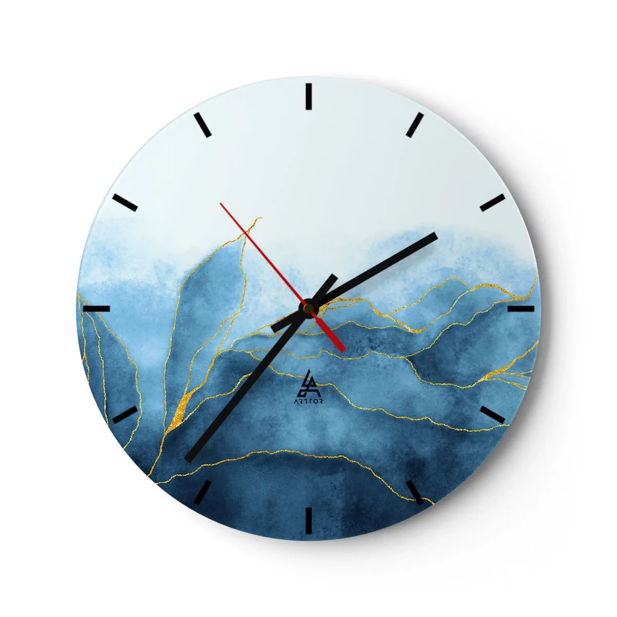 Ceas de perete - Ceas pe sticlă - Munți albaștri abstracti cu linii aurii pe un fundal deschis - 30x30cm - Albastru în aur - Decorațiune modernă pentru perete pentru living, bucătărie și dormitor ARTTOR