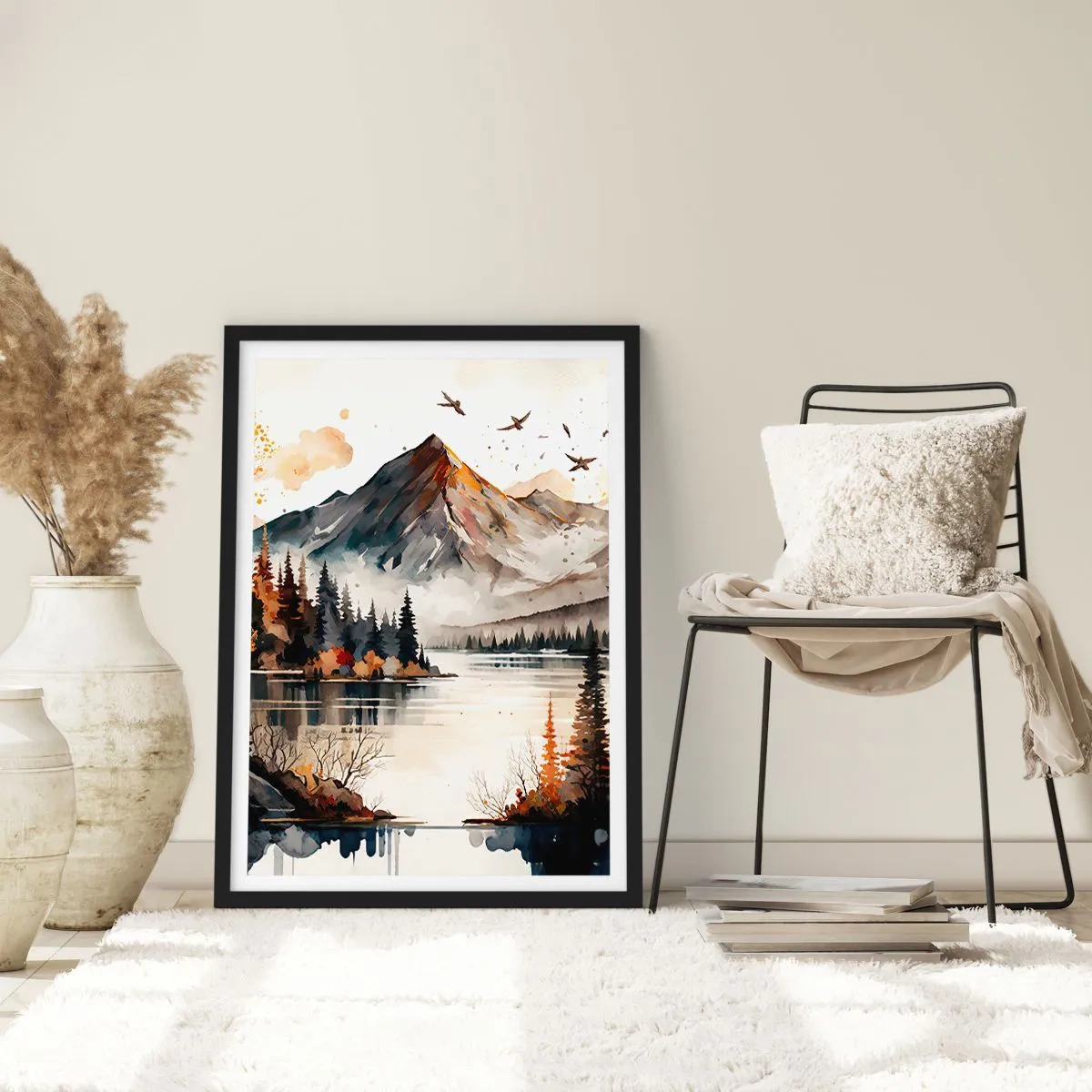 Poster în ramă neagră - Peisaj montan de toamnă peste un lac liniștit - 50x70cm - Toamna de aur în munți - Decorațiune modernă pentru perete pentru living și dormitor ARTTOR