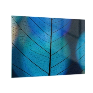 Tablou pe sticlă - Un prim-plan al unei frunze albastre care arată structura nervurilor. - 70x50cm - Construcție de finețe - Decorațiune modernă pentru perete pentru living și dormitor ARTTOR