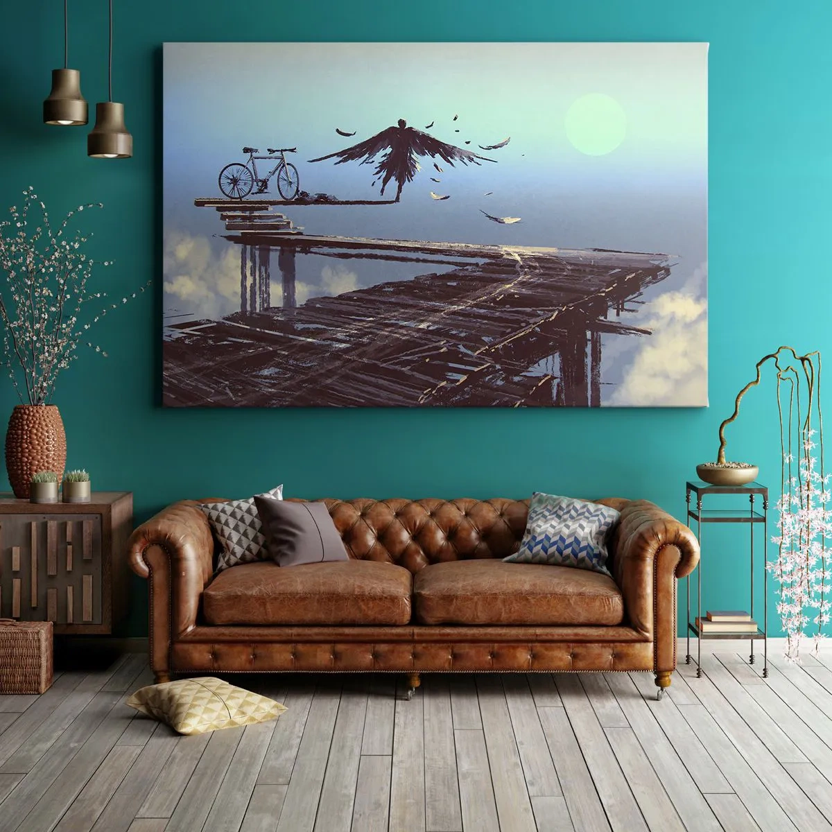 Tablou pe pânză Canvas - O siluetă cu pene plutește deasupra unui pod de lemn lângă o bicicletă. - 70x50cm - Icarus veșnic viu - Decorațiune modernă pentru perete pentru living și dormitor ARTTOR