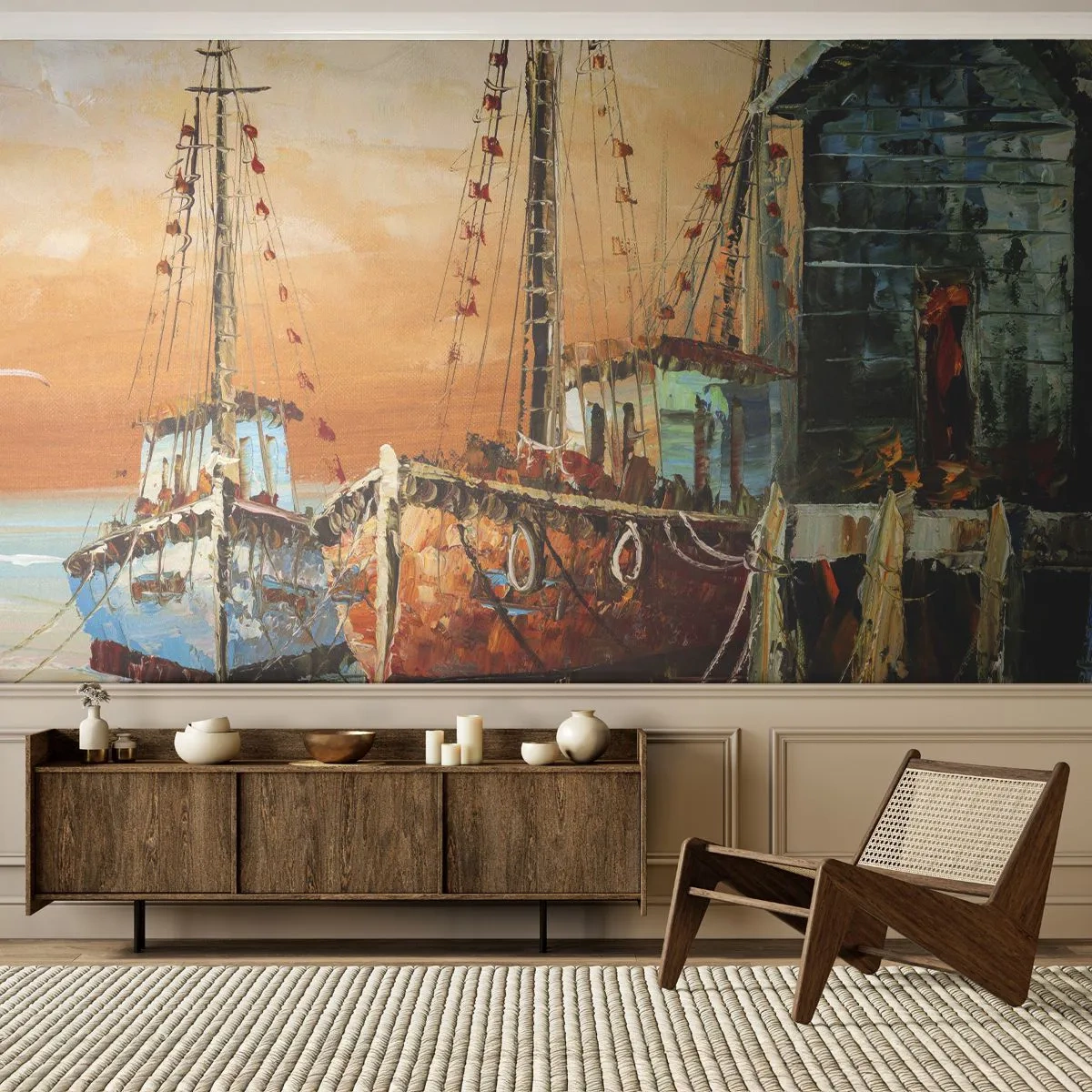 Tapet Premium Sand - Întoarcere pașnică - Barca de pescuit, Port de pescuit, Bucată - 300x210 cm
