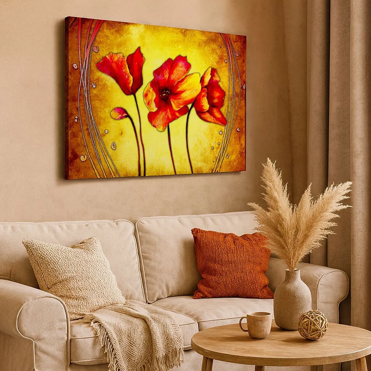 Tablou pe pânză Canvas - Flori roșii și galbene pe un fundal auriu cu modele decorative - 70x50cm - În stilul Art Nouveau - Decorațiune modernă pentru perete pentru living și dormitor ARTTOR
