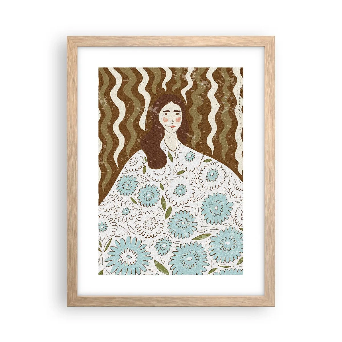 Poster în ramă de stejar deschis - Portret în rochie înflorată - 30x40 cm