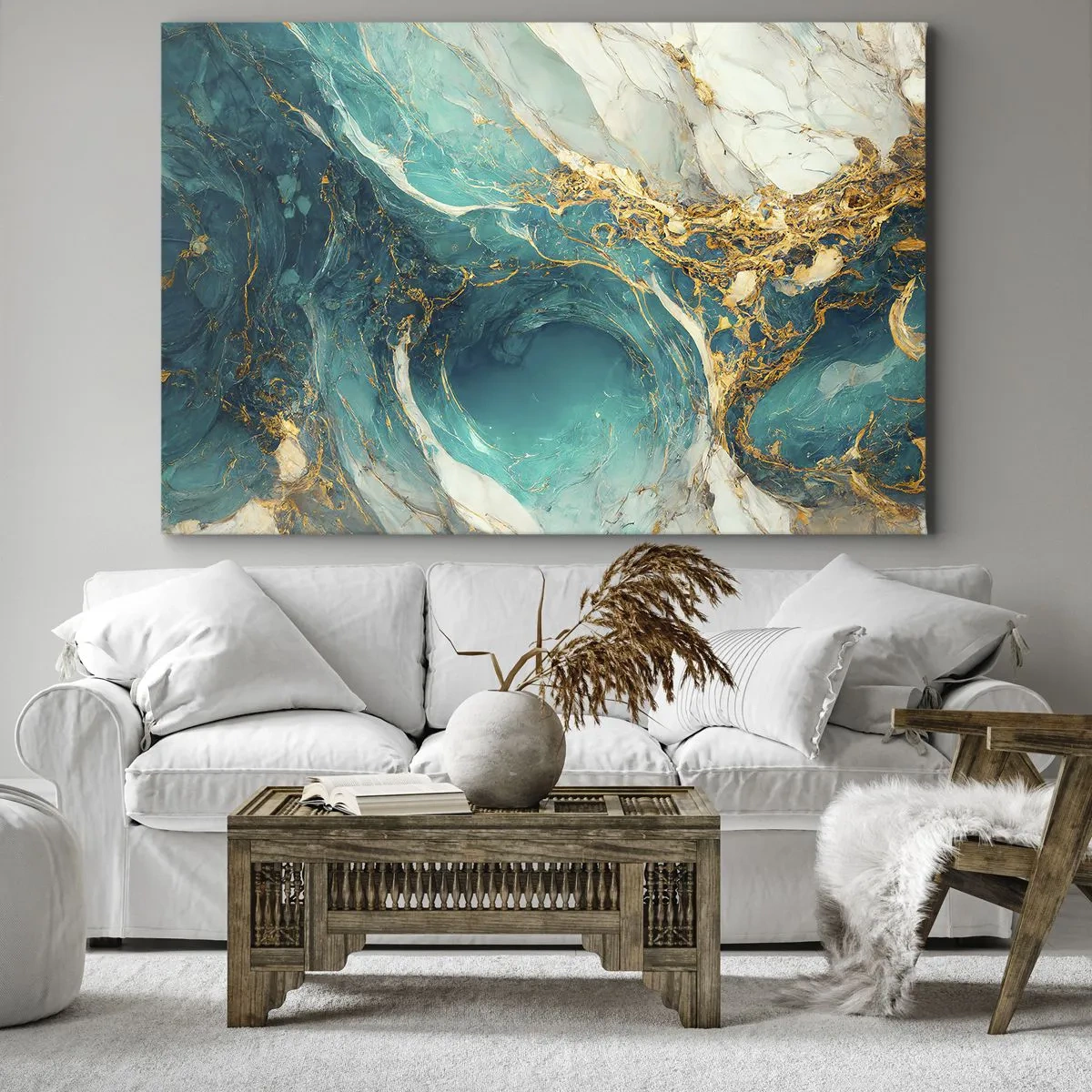 Tablou pe pânză Canvas - O compoziție abstractă în nuanțe de turcoaz și auriu. - 70x50cm - Compoziție cu vene aurii - Decorațiune modernă pentru perete pentru living și dormitor ARTTOR