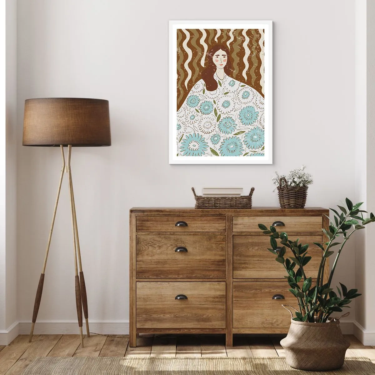 Poster în ramă albă - Portret în rochie înflorată - 70x100 cm