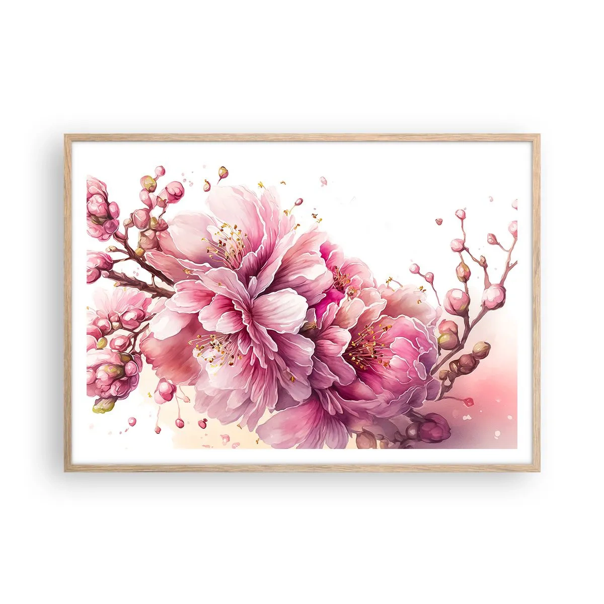 Poster în ramă de stejar deschis - Flori de cireș - 100x70 cm