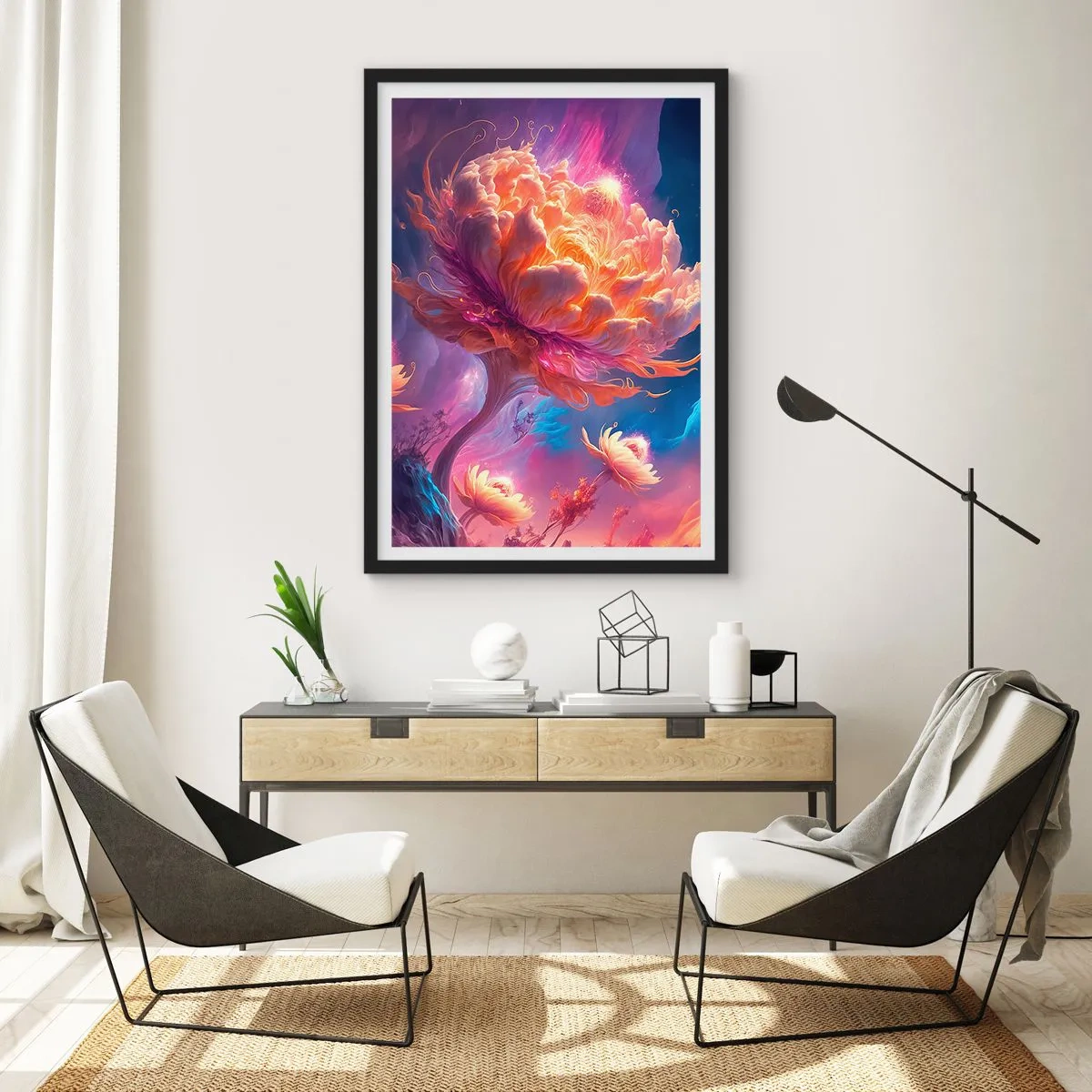 Poster în ramă neagră - Un copac fantastic în formă de floare înflorită - 50x70cm - O altă lume - Decorațiune modernă pentru perete pentru living și dormitor ARTTOR