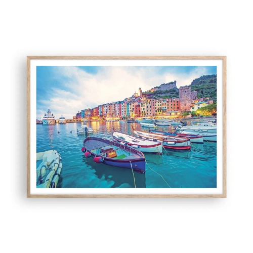 Poster în ramă de stejar deschis - O seară plină de culoare în port - 100x70 cm