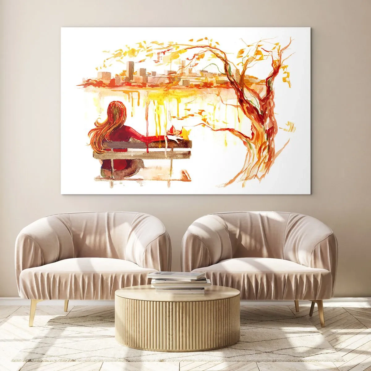 Tablou pe sticlă - O figură pe o bancă cu vedere la oraș în acuarelă - 70x50cm - Un moment de reflecție - Decorațiune modernă pentru perete pentru living și dormitor ARTTOR
