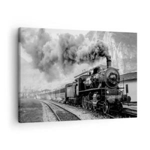 Tablou pe pânză Canvas - O locomotivă cu aburi alb-negru pe fundalul unui peisaj montan - 70x50cm - La gară... - Decorațiune modernă pentru perete pentru living și dormitor ARTTOR