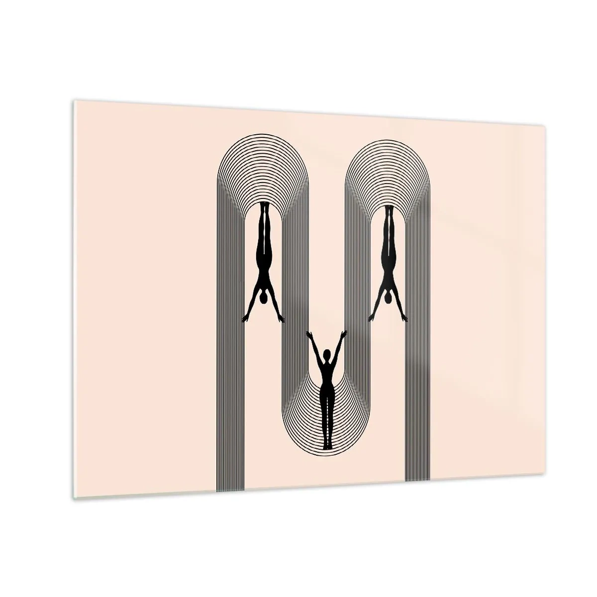 Tablou pe sticlă - Siluete negre ale unor figuri suspendate în arcuri ritmice - 70x50cm - Cu susul în jos - Decorațiune modernă pentru perete pentru living și dormitor ARTTOR
