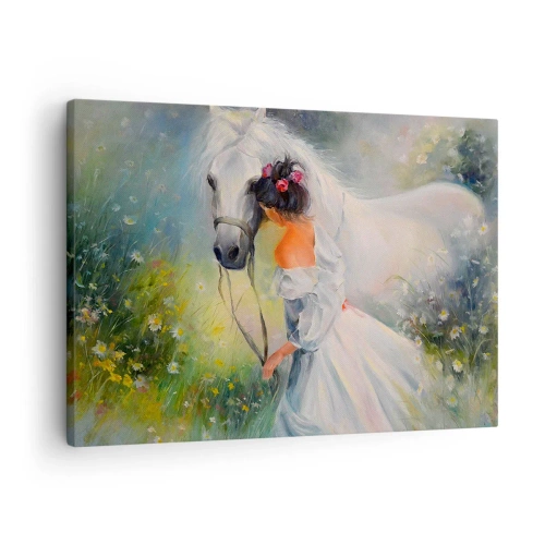 Tablou pe pânză Canvas - O femeie cu un cal alb într-un cadru pitoresc - 70x50cm - Ca dintr-un vis frumos - Decorațiune modernă pentru perete pentru living și dormitor ARTTOR