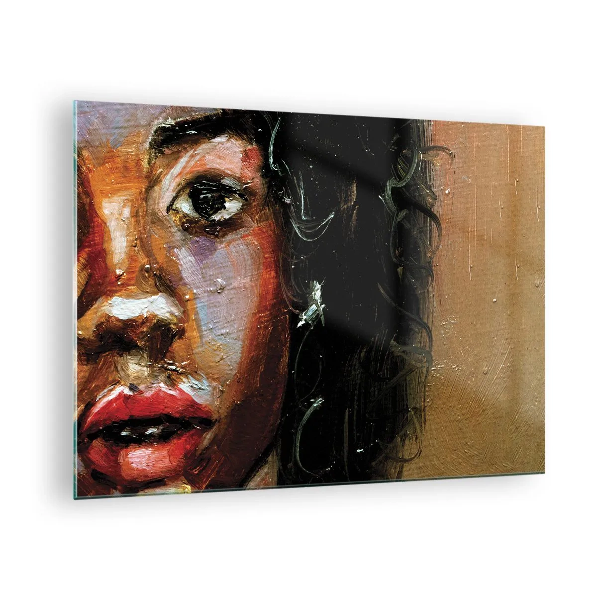Tablou pe sticlă - Fragment dintr-un portret colorat al unei femei într-un stil pictural - 70x50cm - Negru și strălucire - Decorațiune modernă pentru perete pentru living și dormitor ARTTOR