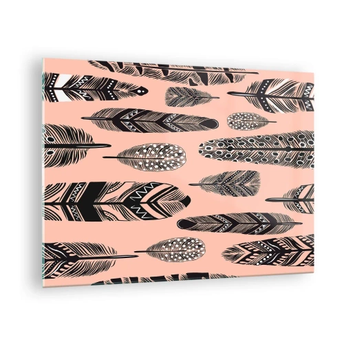 Tablou pe sticlă - Pene decorative cu modele alb-negru pe fundal roz - 70x50cm - Colecție indiană - Decorațiune modernă pentru perete pentru living și dormitor ARTTOR