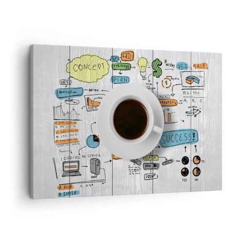 Tablou pe pânză Canvas - O ceașcă de cafea pe fundalul unui desen conceptual - 70x50cm - Timp pentru o pauză - Decorațiune modernă pentru perete pentru living și dormitor ARTTOR