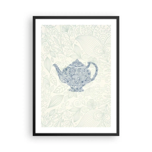 Poster în ramă neagră - O ilustrație decorativă a unui ceainic cu un model subtil pe un fundal deschis la culoare. - 50x70cm - Farmecul ceaiului - Decorațiune modernă pentru perete pentru living și dormitor ARTTOR