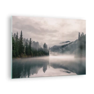 Tablou pe sticlă - Vedere de dimineață a unui lac în pădure, învăluit în ceață - 70x50cm - În reverie, în ceață - Decorațiune modernă pentru perete pentru living și dormitor ARTTOR