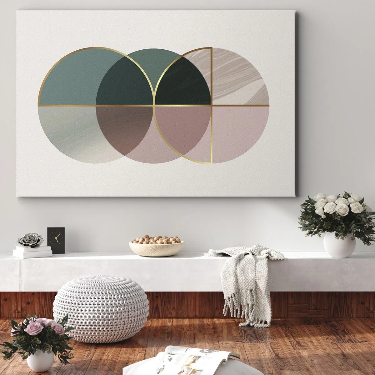 Tablou pe pânză Canvas - O compoziție abstractă de forme geometrice și linii aurii. - 70x50cm - Roată cu roată… - Decorațiune modernă pentru perete pentru living și dormitor ARTTOR