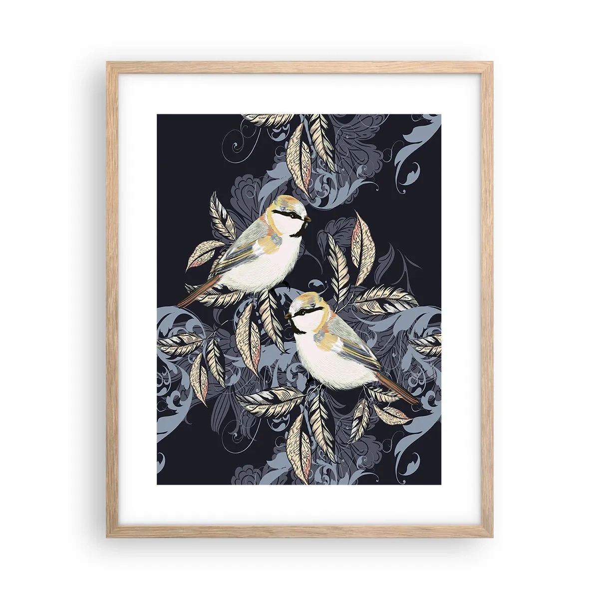 Poster în ramă de stejar deschis - Ciripirile galben-albastru - 40x50 cm