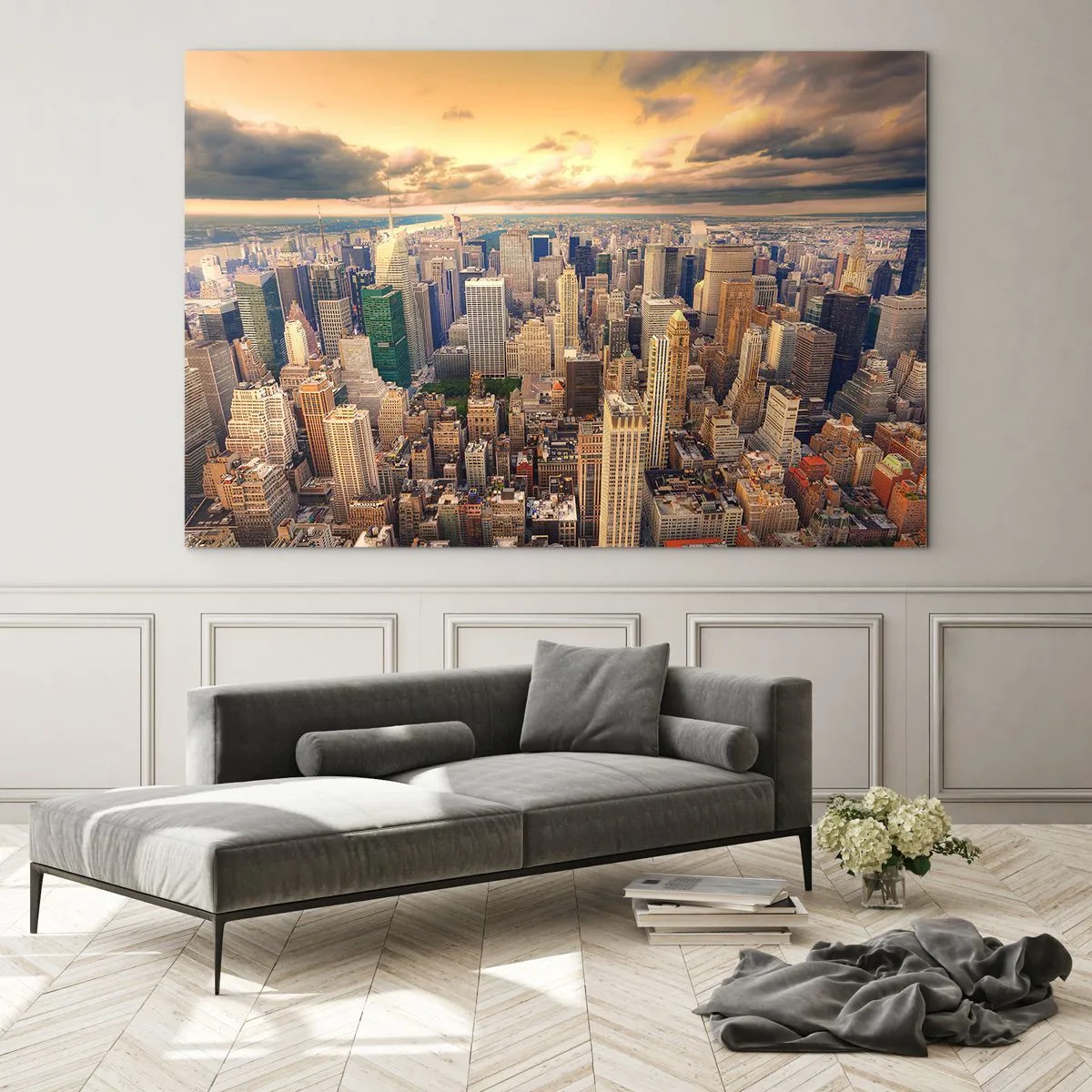Tablou pe sticlă - Panoramă a orașului cu zgârie-nori la apus - 70x50cm - O metropolă aurită - Decorațiune modernă pentru perete pentru living și dormitor ARTTOR