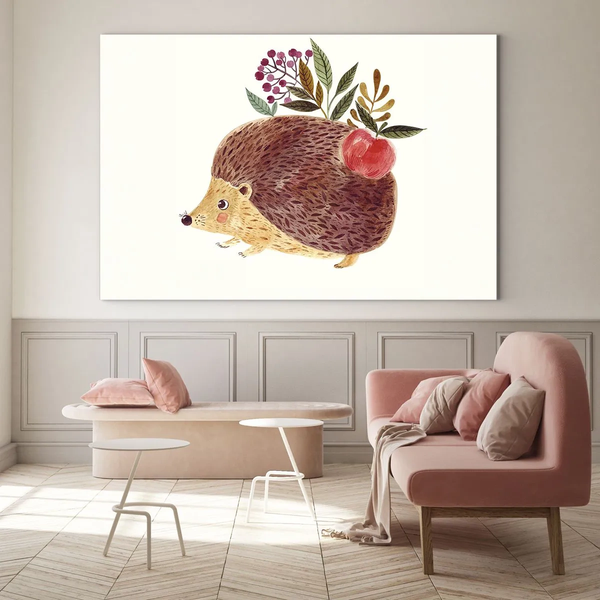 Tablou pe sticlă - Un arici de desene animate cu un măr și crenguțe pe spate - 70x50cm - Și tu deja mă placi - Decorațiune modernă pentru perete pentru living și dormitor ARTTOR