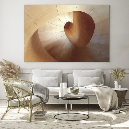 Tablou pe sticlă - Structură arhitecturală spiralată din lemn în culori calde - 70x50cm - Serpentină arhitecturală - Decorațiune modernă pentru perete pentru living și dormitor ARTTOR