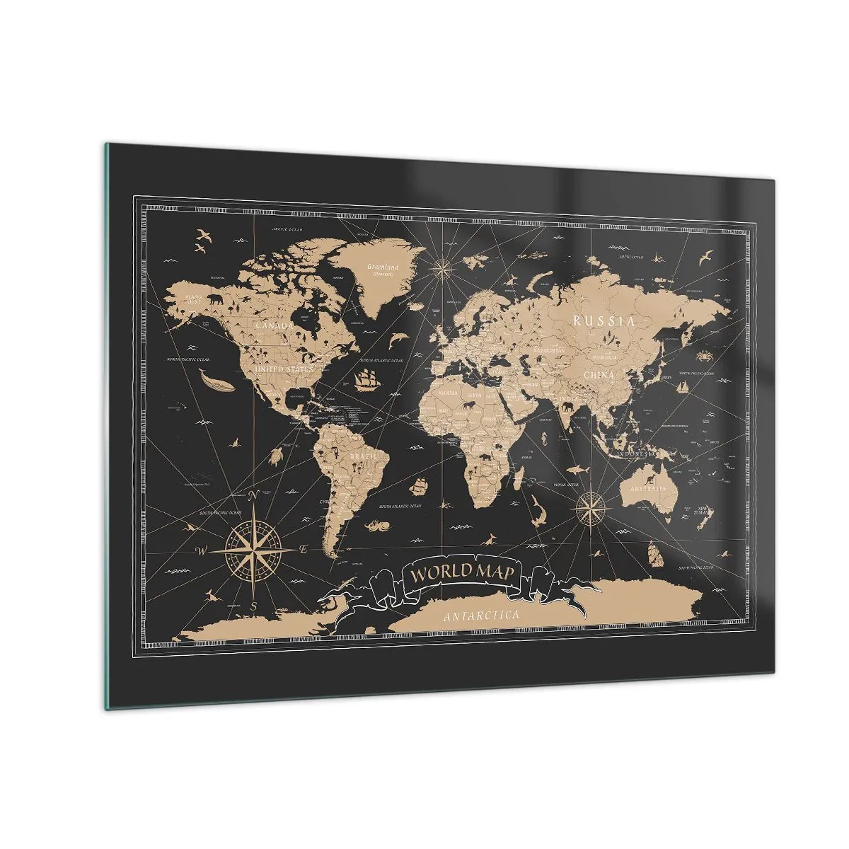 Tablou pe sticlă - Hartă a lumii stilizată în nuanțe de bej și negru - 70x50cm - Limitele lumii mele - Decorațiune modernă pentru perete pentru living și dormitor ARTTOR