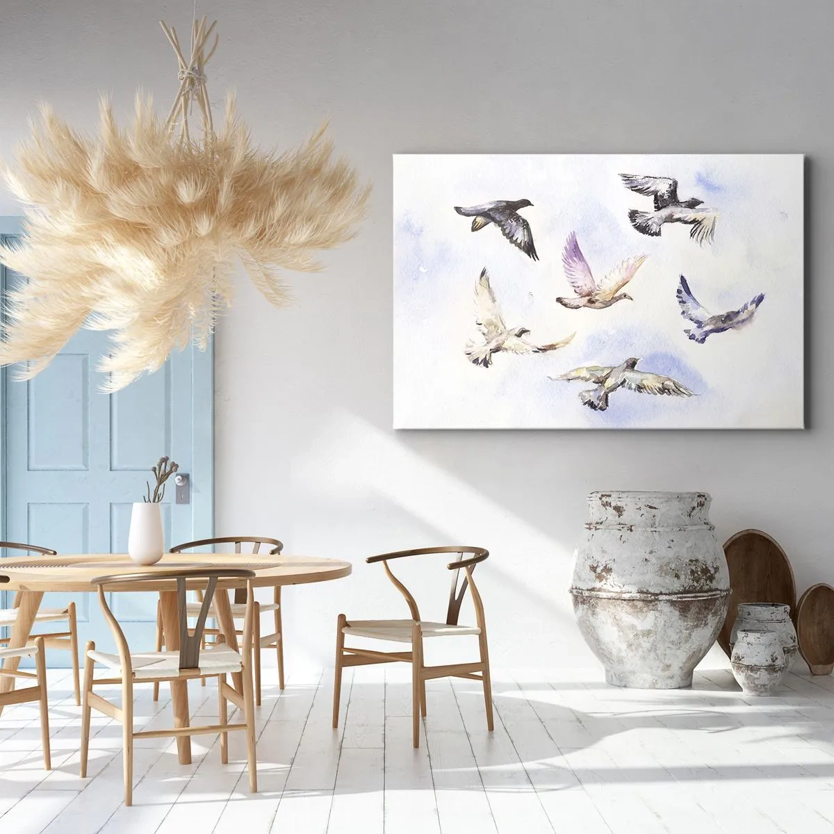 Tablou pe pânză Canvas - Păsări în acuarelă în zbor pe un cer delicat - 70x50cm - Libertatea în gri și albastru - Decorațiune modernă pentru perete pentru living și dormitor ARTTOR