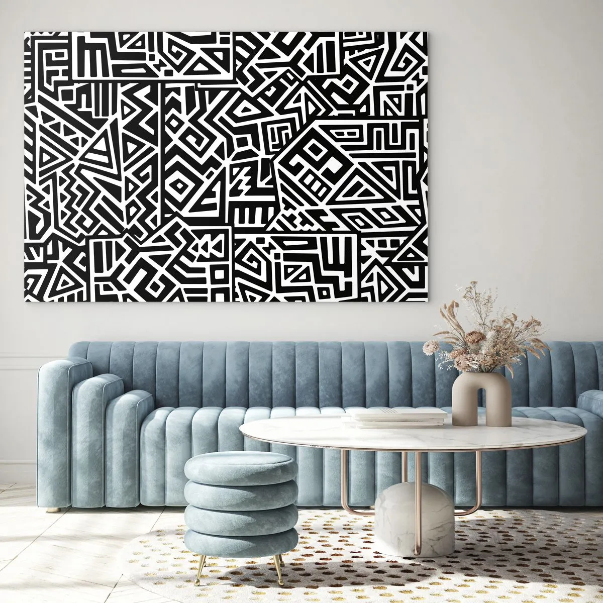 Tablou pe sticlă - Model alb-negru inspirat de arta tribală - 70x50cm - Compoziție precolumbiană - Decorațiune modernă pentru perete pentru living și dormitor ARTTOR