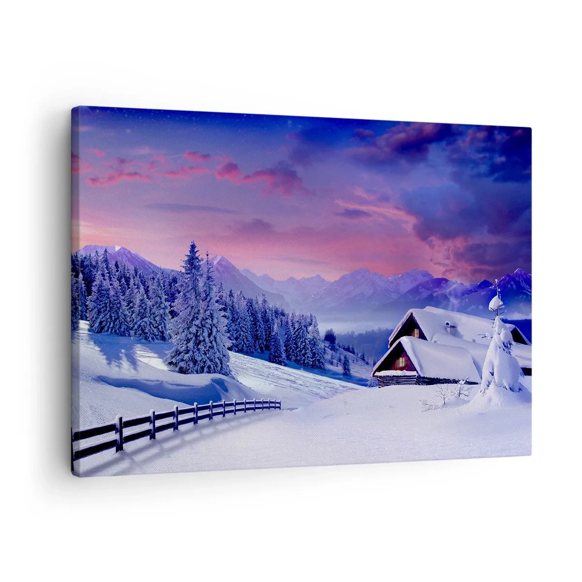 Tablou pe pânză Canvas - Peisaj de iarnă cu cabane de munte la apus - 70x50cm - Noapte liniștită - Decorațiune modernă pentru perete pentru living și dormitor ARTTOR