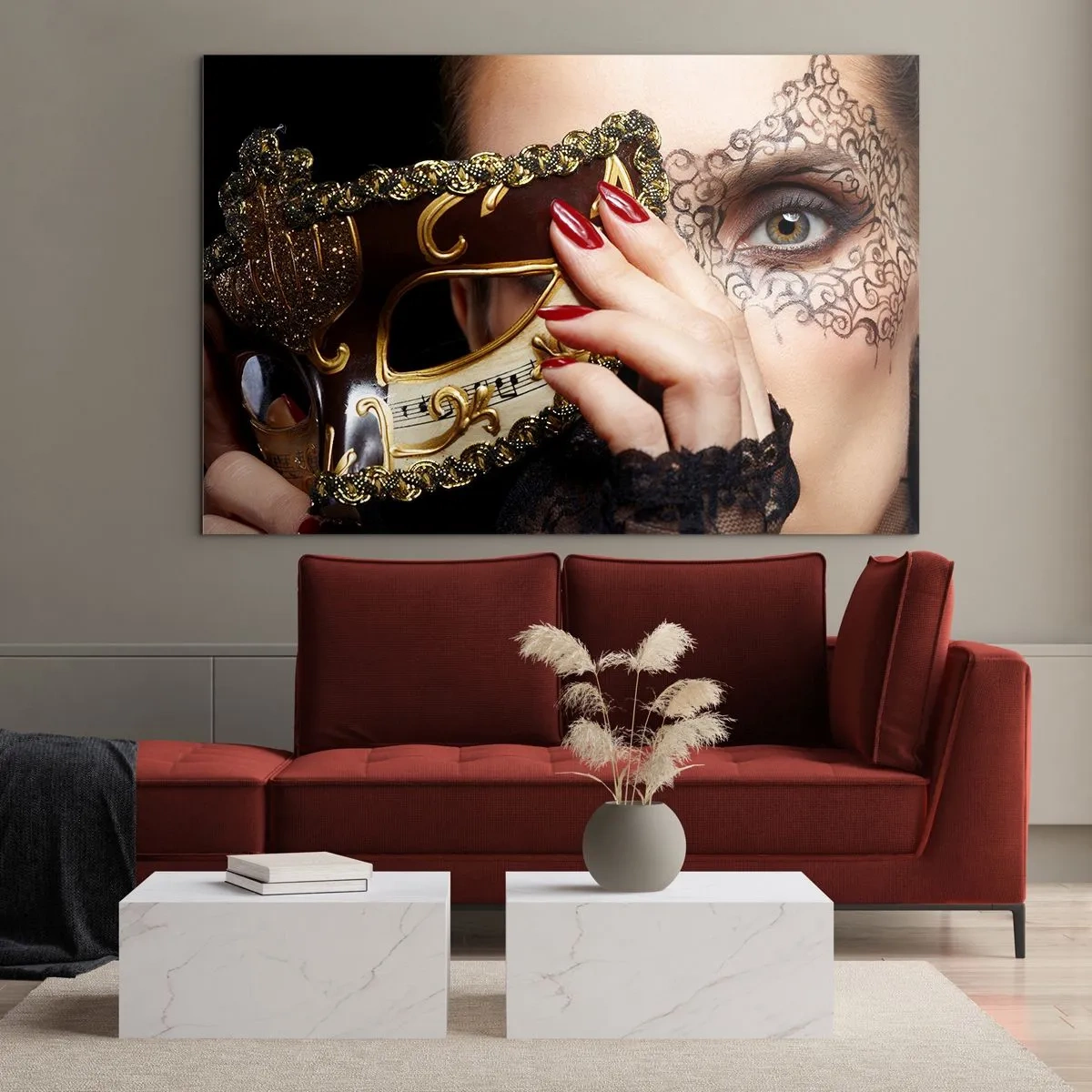 Tablou pe sticlă - O mască venețiană de aur pe fața unei femei - 70x50cm - Lumea mea este barocă - Decorațiune modernă pentru perete pentru living și dormitor ARTTOR