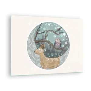 Tablou pe sticlă - Ilustrație a unui cerb și a unei bufnițe într-un decor magic - 70x50cm - O noapte în pădure de poveste - Decorațiune modernă pentru perete pentru living și dormitor ARTTOR