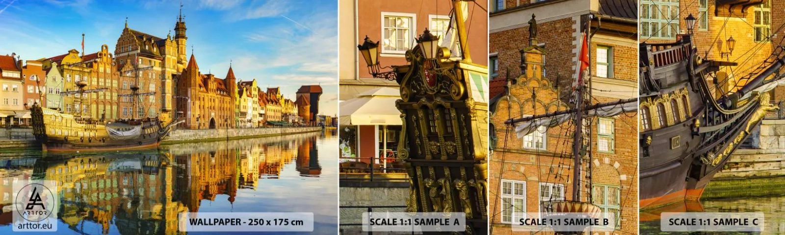 Mostră tapet autocolant Deluxe Sticker - Trecutul în oglindă - Oraș, Gdańsk, Arhitectură - 100x30 cm